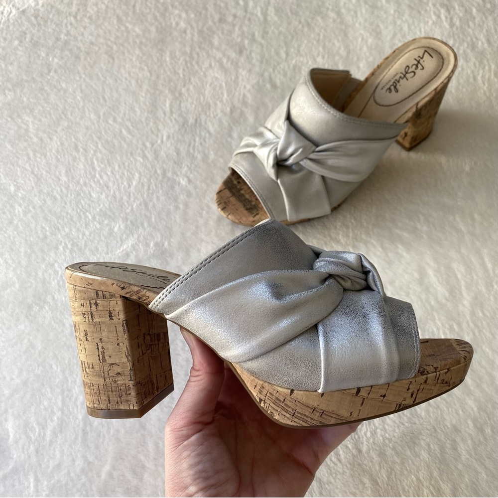 LifeStride Silver Laguna Knot Platform Mules Cork Heel 7W Chic New in box